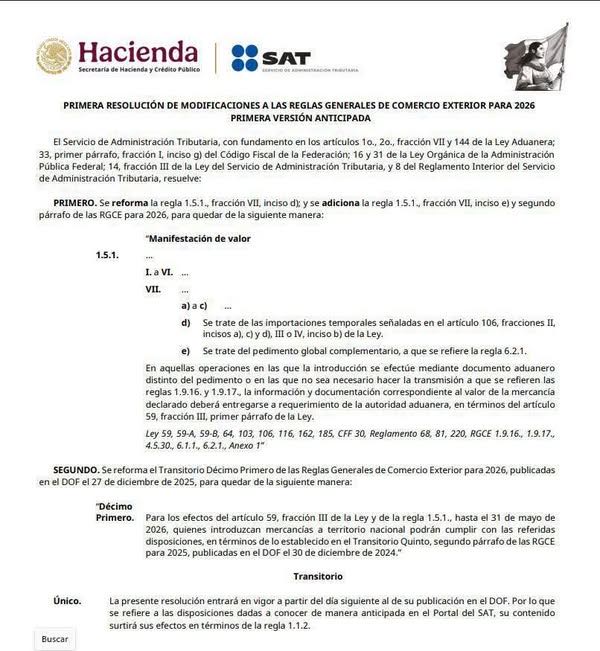 SAT publica modificaciones a las RGCE 2026 y prorroga la Manifestación de Valor