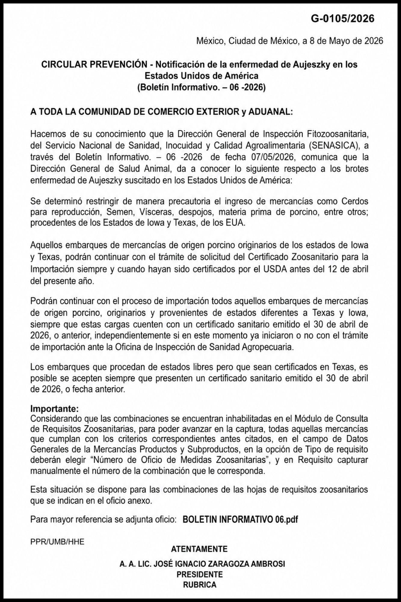 CAAAREM informa restricciones precautorias a importaciones porcinas por enfermedad de Aujeszky en EUA